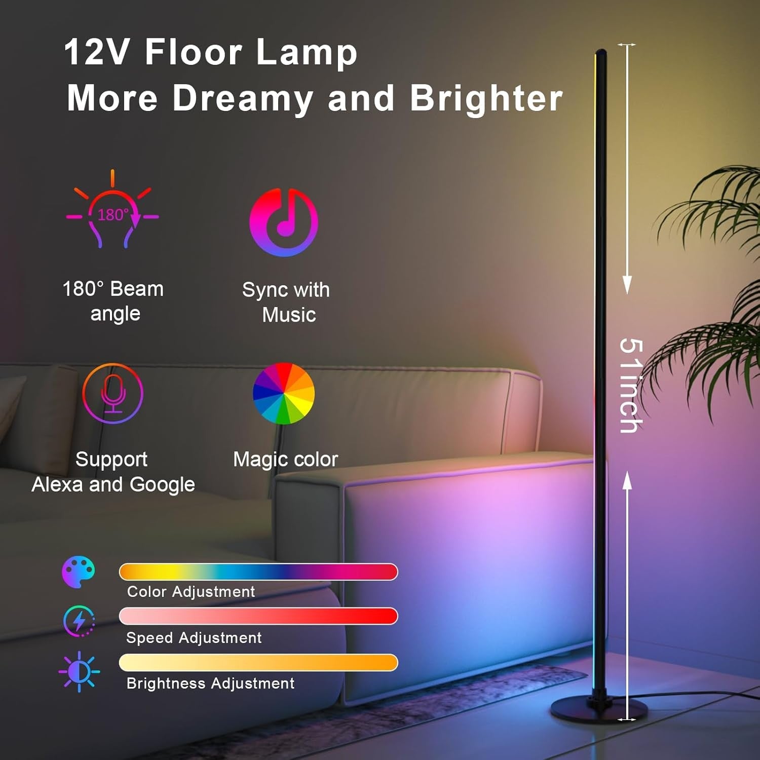 Smart RGB Corner Floor Lamp Alexa App Music Sync Dimmable LED Light