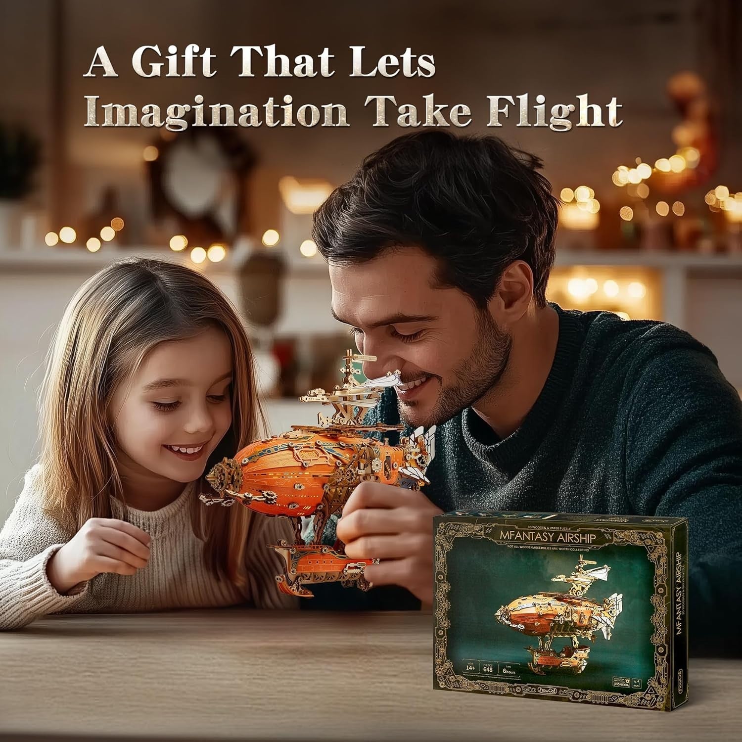 3D Wooden Steampunk Airship Puzzle Kit with LED Lights DIY Gift Model