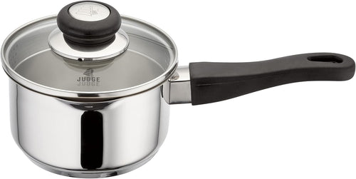 14cm Stainless Steel Saucepan with Strainer Lid & Pouring Lip, 1L Capacity