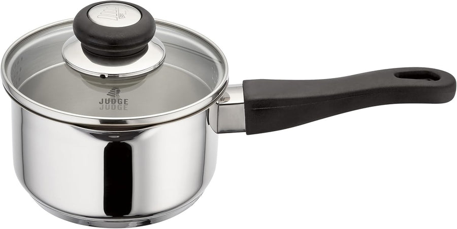 14cm Stainless Steel Saucepan with Strainer Lid & Pouring Lip, 1L Capacity