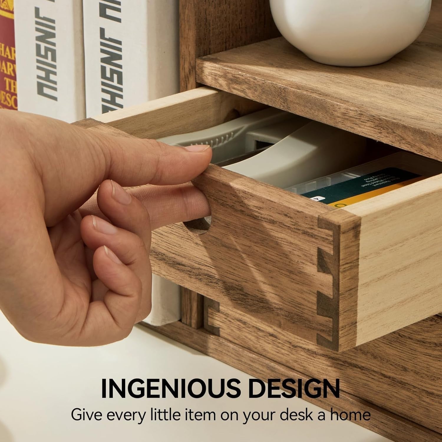 Expandable Wooden Desktop Bookshelf with Drawers – Adjustable Organiser