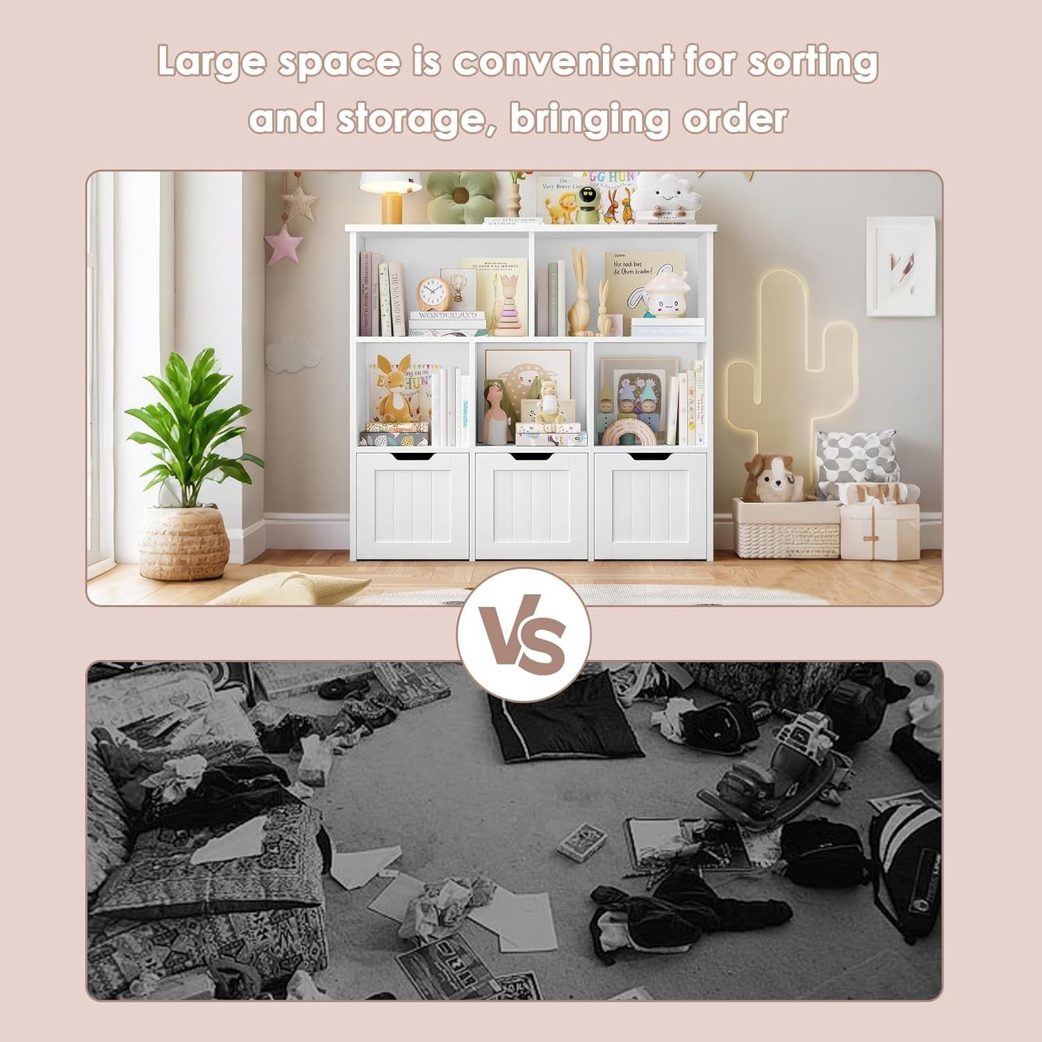 White Kids Toy Storage Cabinet with Wheels & Bookshelf – 8 Compartments