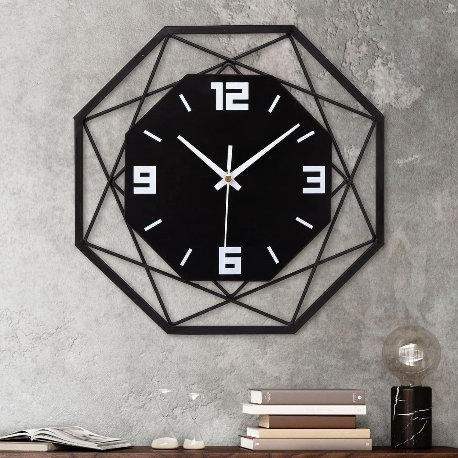 Modern Metal Wall Clock 30cm Silent Non-Ticking Geometric Black Home Decor