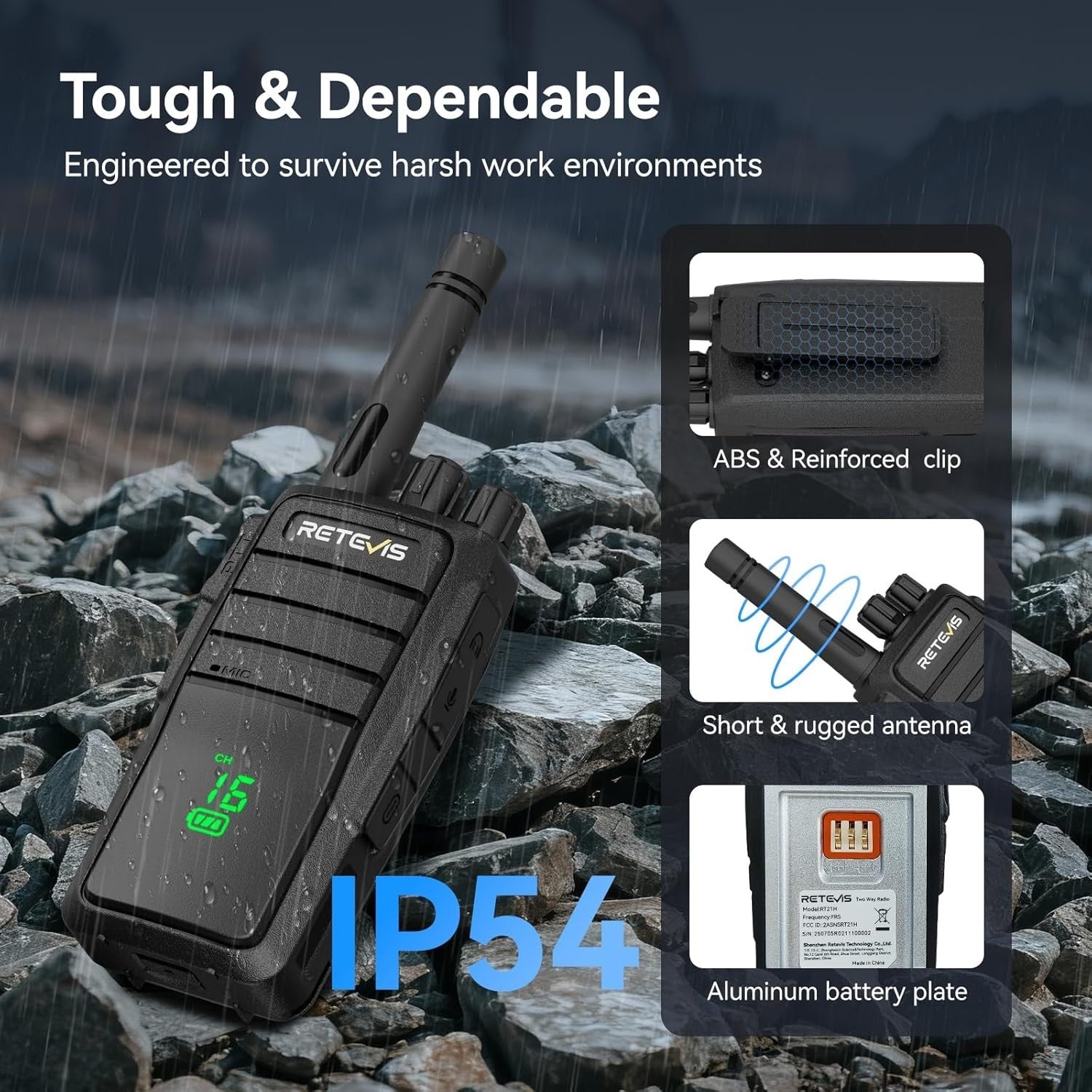 Rugged Walkie Talkies IP54 USB-C Hidden Screen Long Range 4 Pack