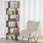 6 Tier S-Shaped Display Shelf Unit Grey Oak | Tall Modern Bookcase Storage