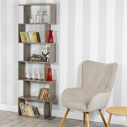 6 Tier S-Shaped Display Shelf Unit Grey Oak | Tall Modern Bookcase Storage