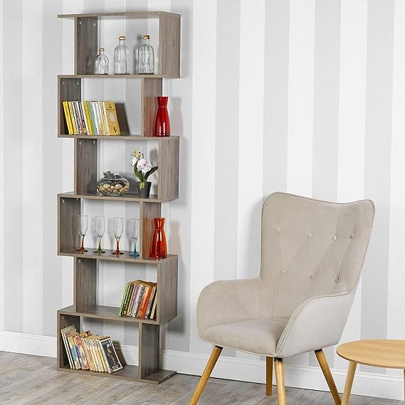 6 Tier S-Shaped Display Shelf Unit Grey Oak | Tall Modern Bookcase Storage