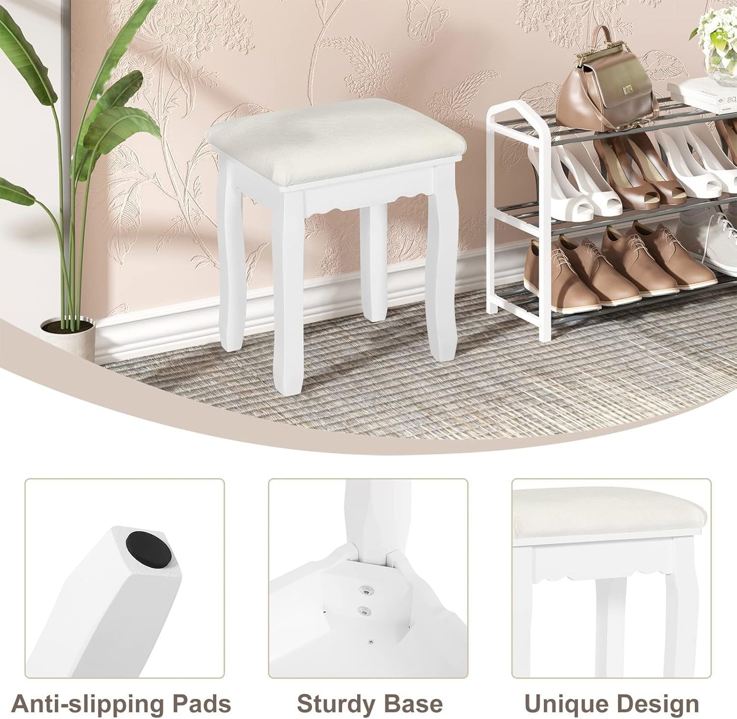 White Padded Vanity Stool Baroque Makeup Chair Pinewood Legs Elegant Seat