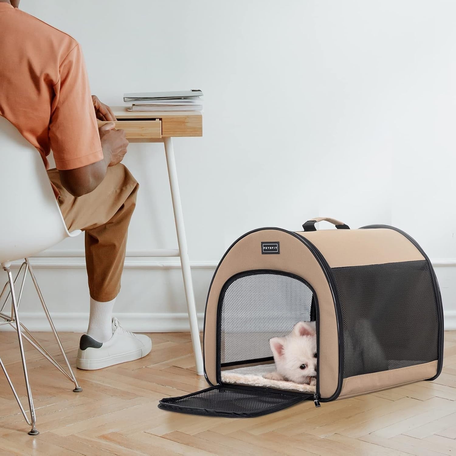 Soft Dog Crate 48x42x41cm Portable Travel Carrier Cat Kennel with Mat Khaki