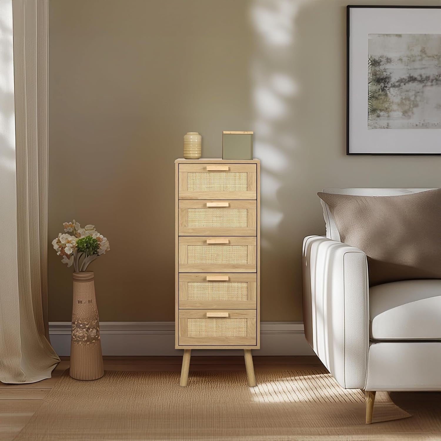 5 Drawer Rattan Chest Storage Unit Tall Bedroom Cabinet with Wood Legs