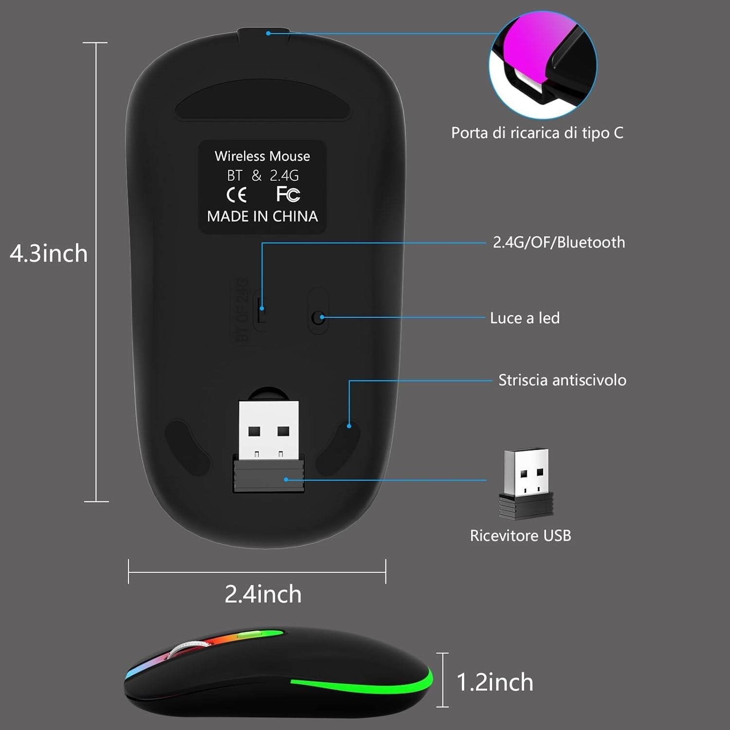 Rechargeable Bluetooth Wireless Mouse 1600 DPI RGB USB Laptop PC
