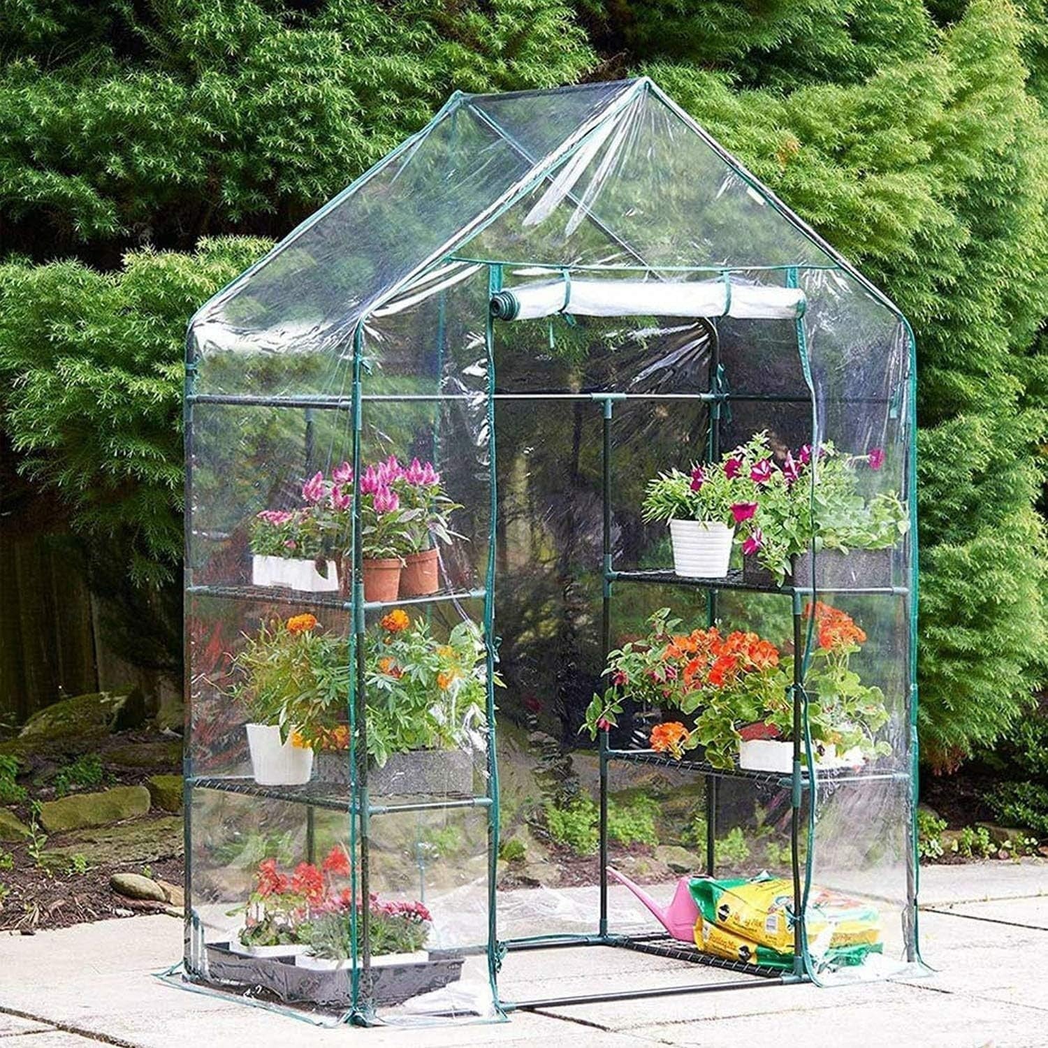 3 Tier Walk-In Greenhouse Clear PVC Cover 143x73x195cm 4 Shelves Outdoor