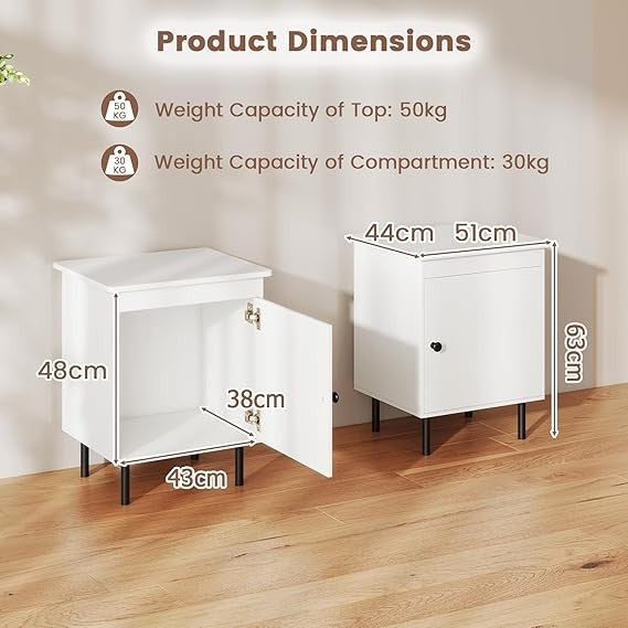 Modern White Bedside Table Pair with Storage Cabinet, Wooden Nightstands 51x44x6