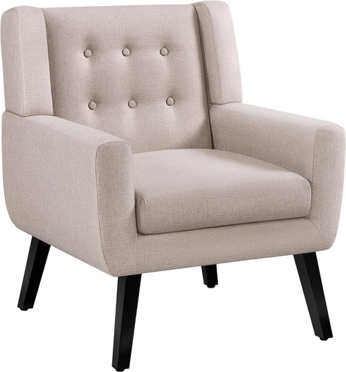 Modern Beige Linen Armchair, Button Tufted, Quilted Wing Back, Living Room