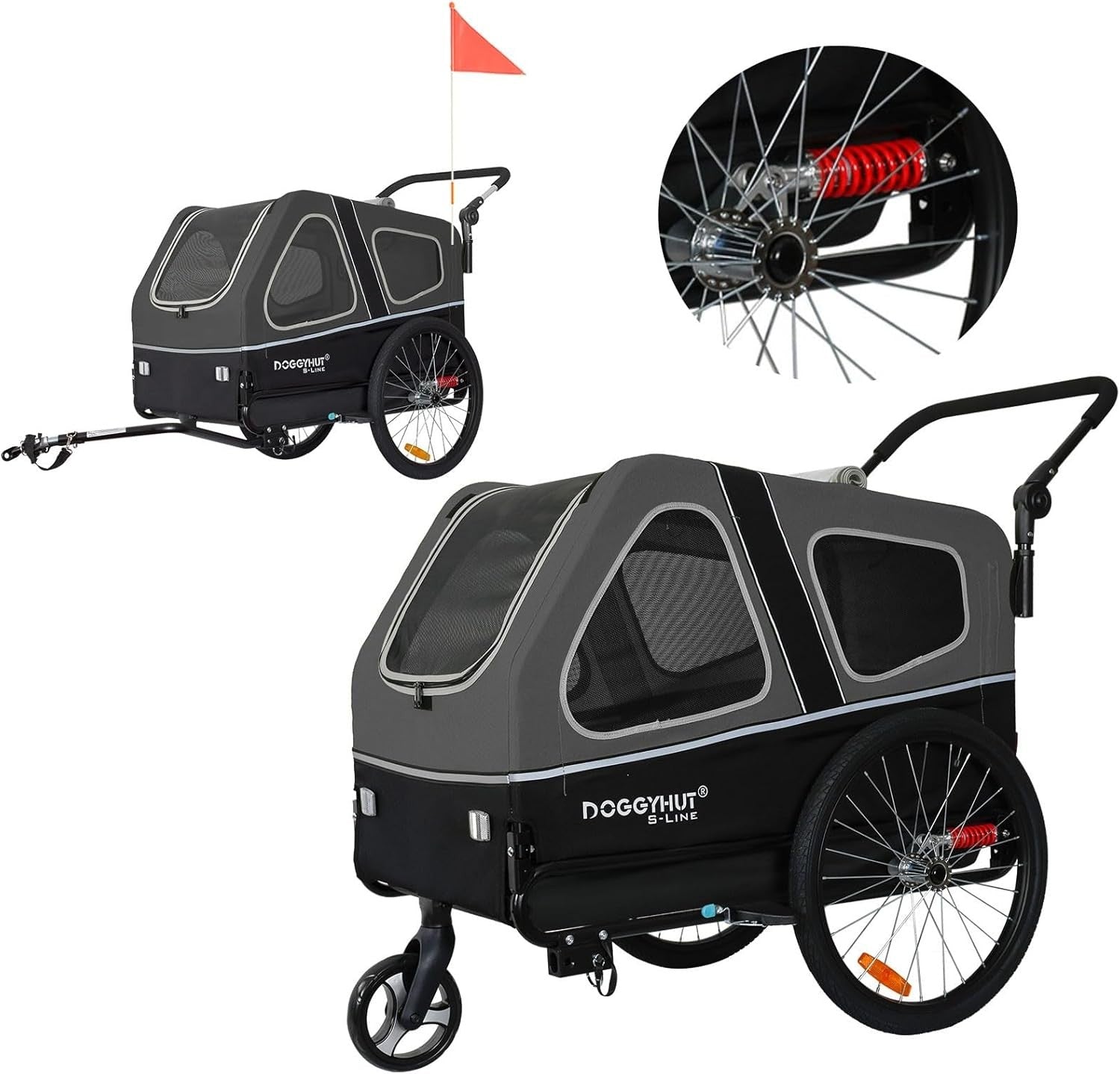 Dog Bike Trailer Stroller 45kg Heavy Duty Folding Cart Grey Black Suspension