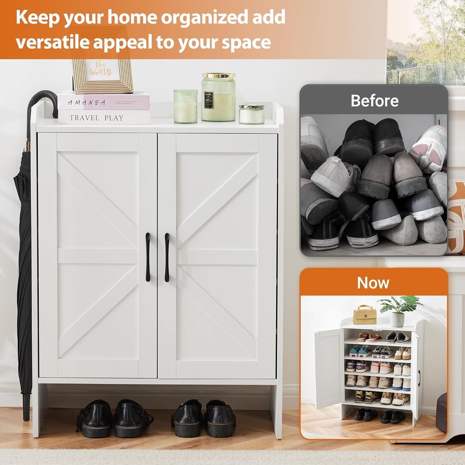 Farmhouse Shoe Cabinet with Doors, Adjustable Shelves, Entryway Storage