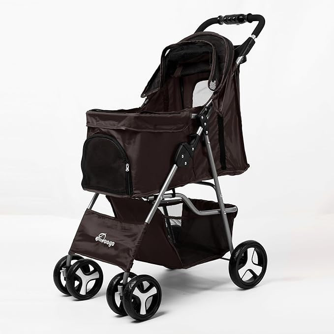 Brown Foldable Pet Stroller with Rain Cover Dog Buggy for Small Medium Pets