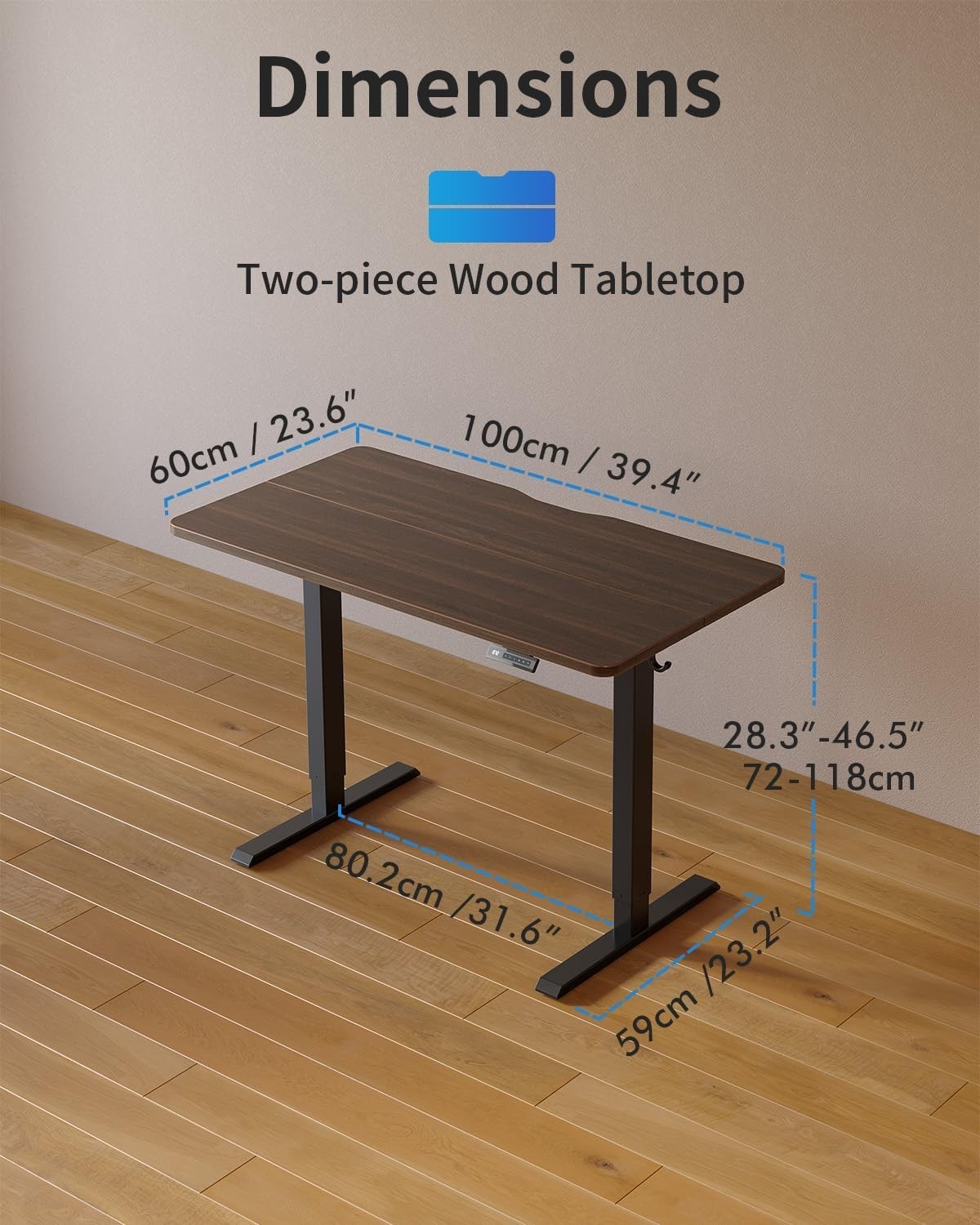 Dark Walnut Electric Standing Desk 100x60cm with Memory Control Panel
