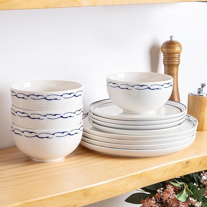 12pc Porcelain Dinnerware Set Plates Bowls Reactive Glaze Service for 4