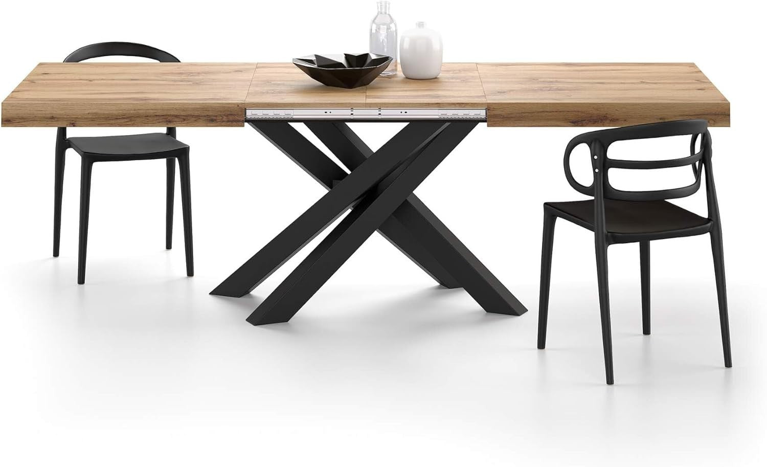 Extendable Walnut Dining Table 160–240cm w/ Rustic oak Cross Black Legs Modern