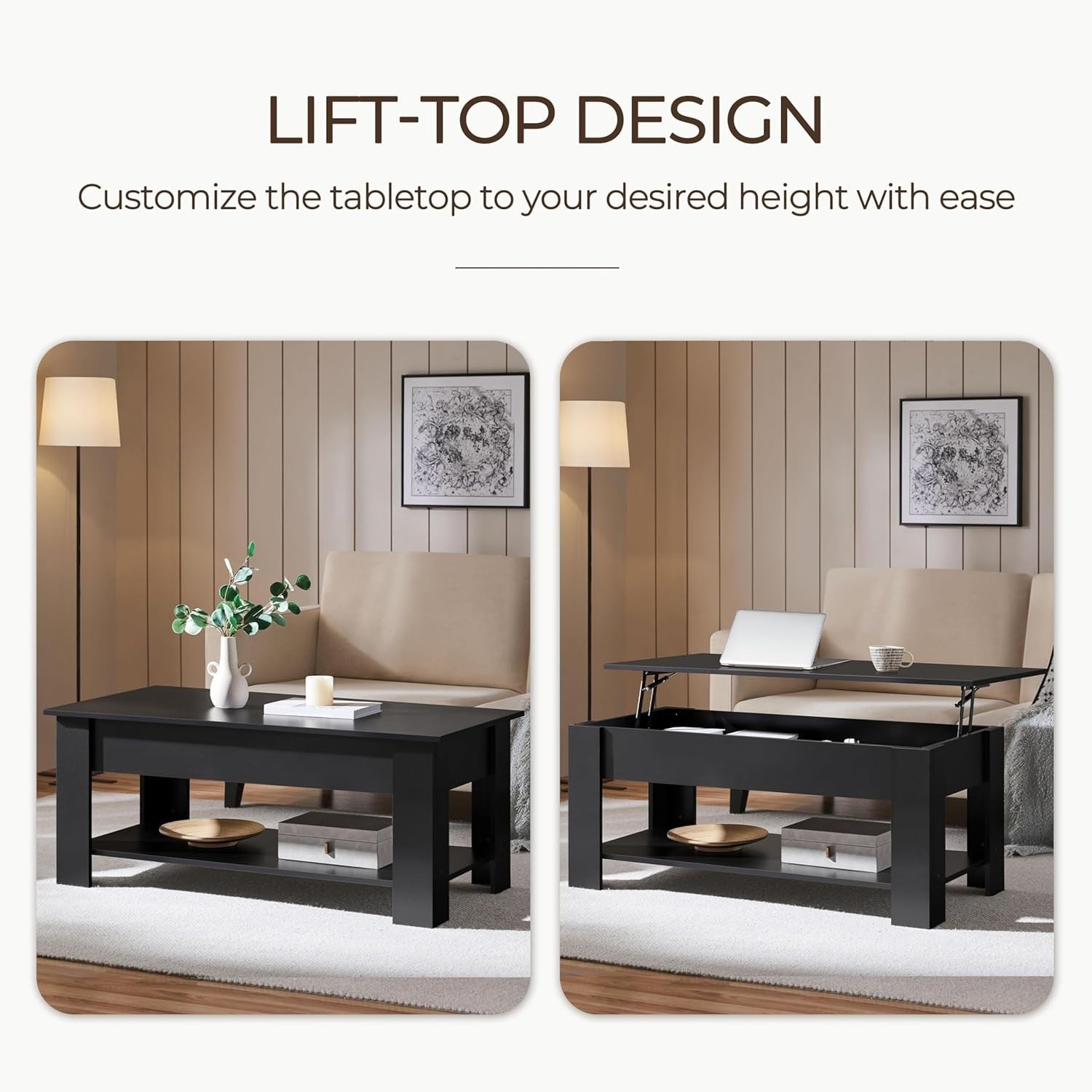 Lift Top Coffee Table Adjustable Height Hidden Storage Shelf Black 120x60cm