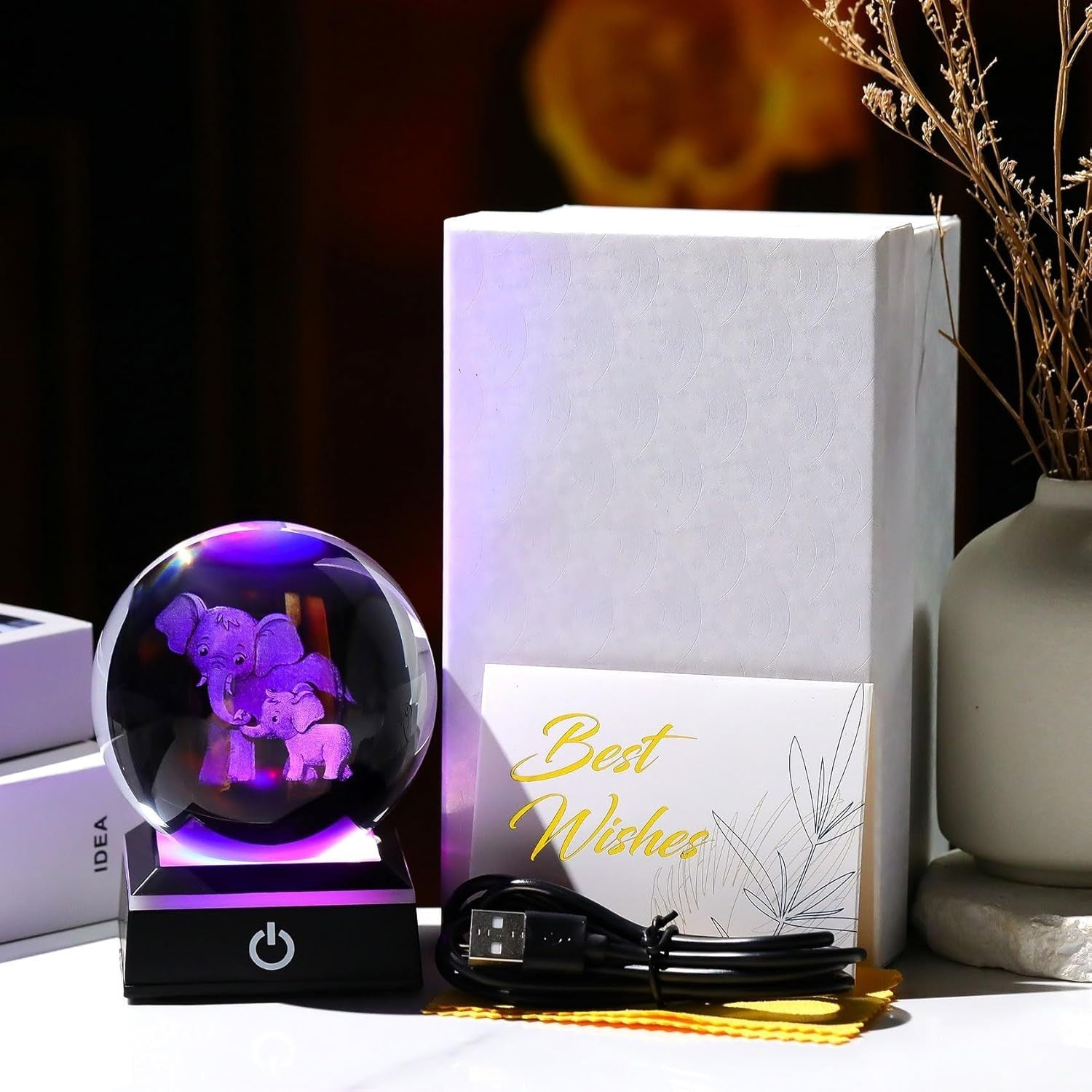 3D Crystal Elephant LED Globe 8cm Light Up Ornament Gift for Mum Family Decor