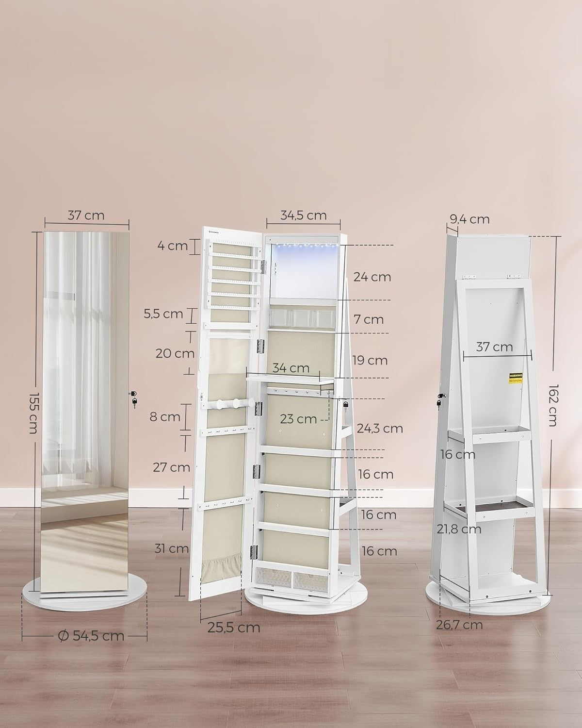 White LED Jewelry Cabinet Mirror 360° Swivel Lockable Storage Stand