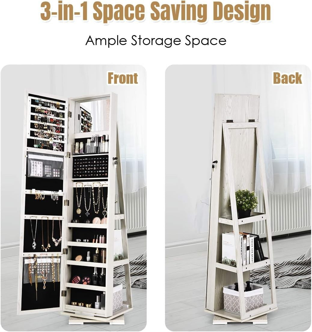 White 360° Swivel Jewelry Cabinet Mirror Lockable 3-in-1 Storage Stand