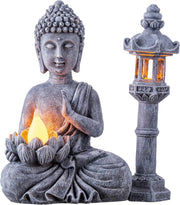 Meditating Buddha Statue with Solar Light Pagoda Set Outdoor Garden Decor Resin