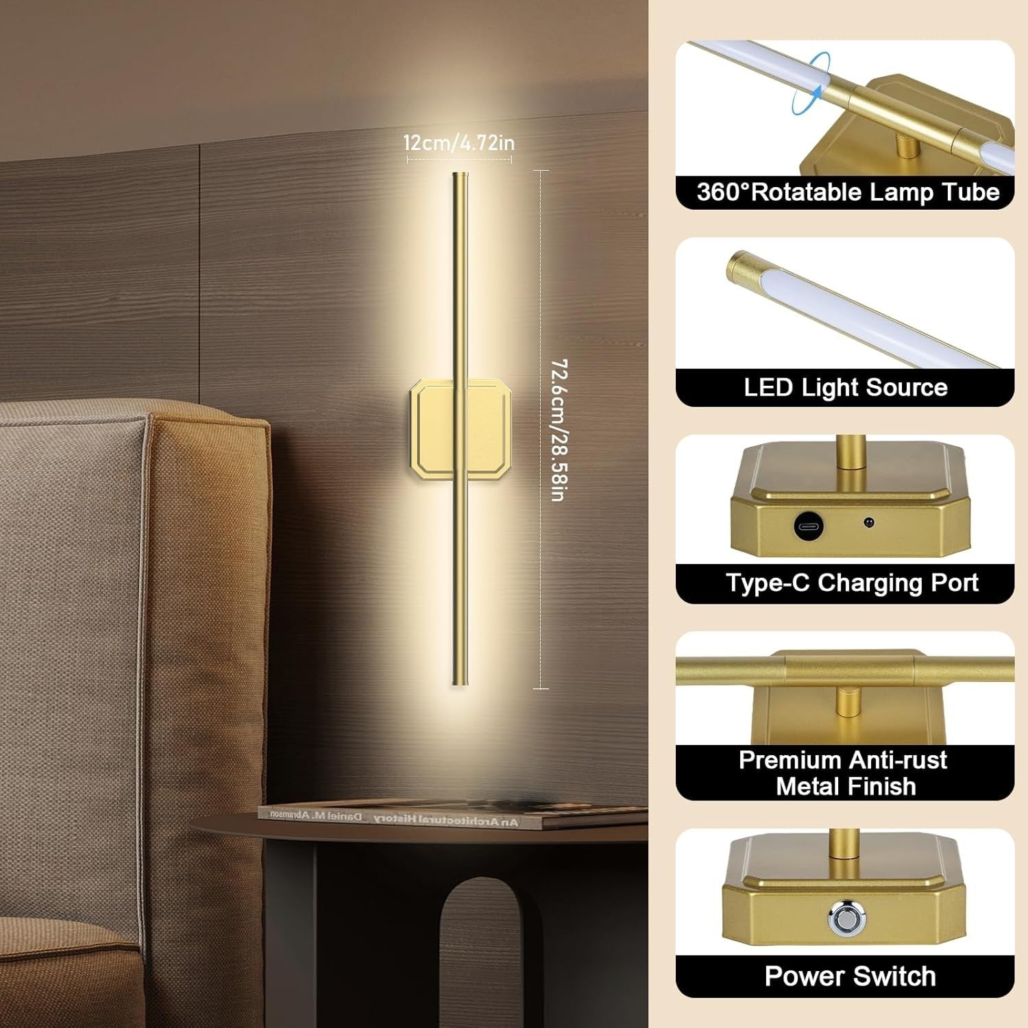 Rechargeable Wireless Wall Sconce Lights, Dimmable Remote Control, 70CM