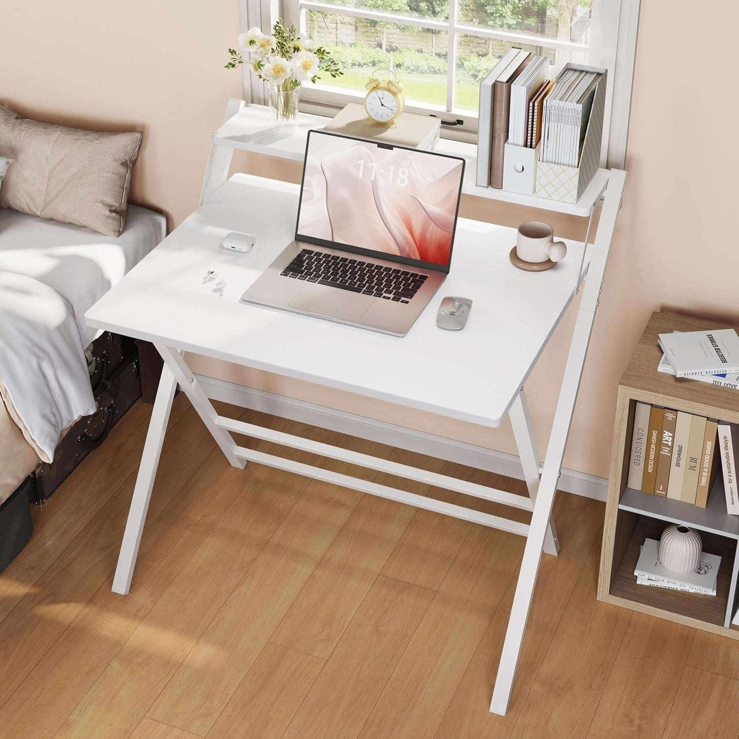 Foldable Computer Desk Small Space with Monitor Stand 80cm White