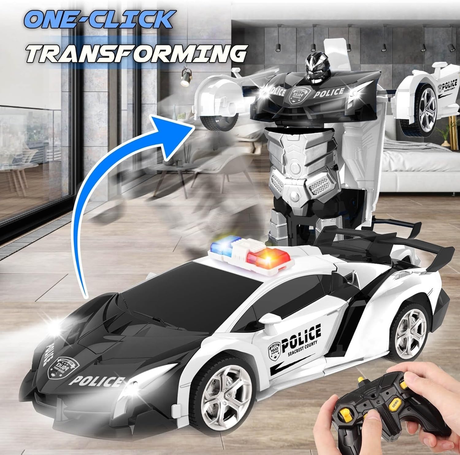 2-in-1 RC Police Car Robot Transforming 360° Spin Toy for Boys Age 3–8