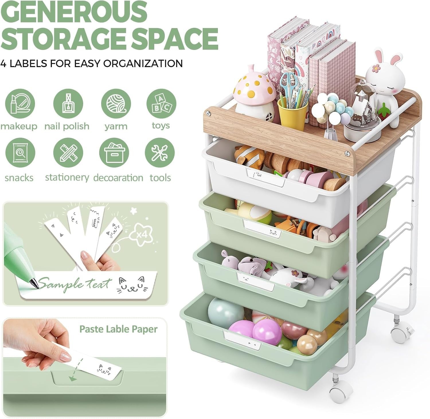 Green 4 Drawer Rolling Storage Trolley Craft Office Organizer Cart