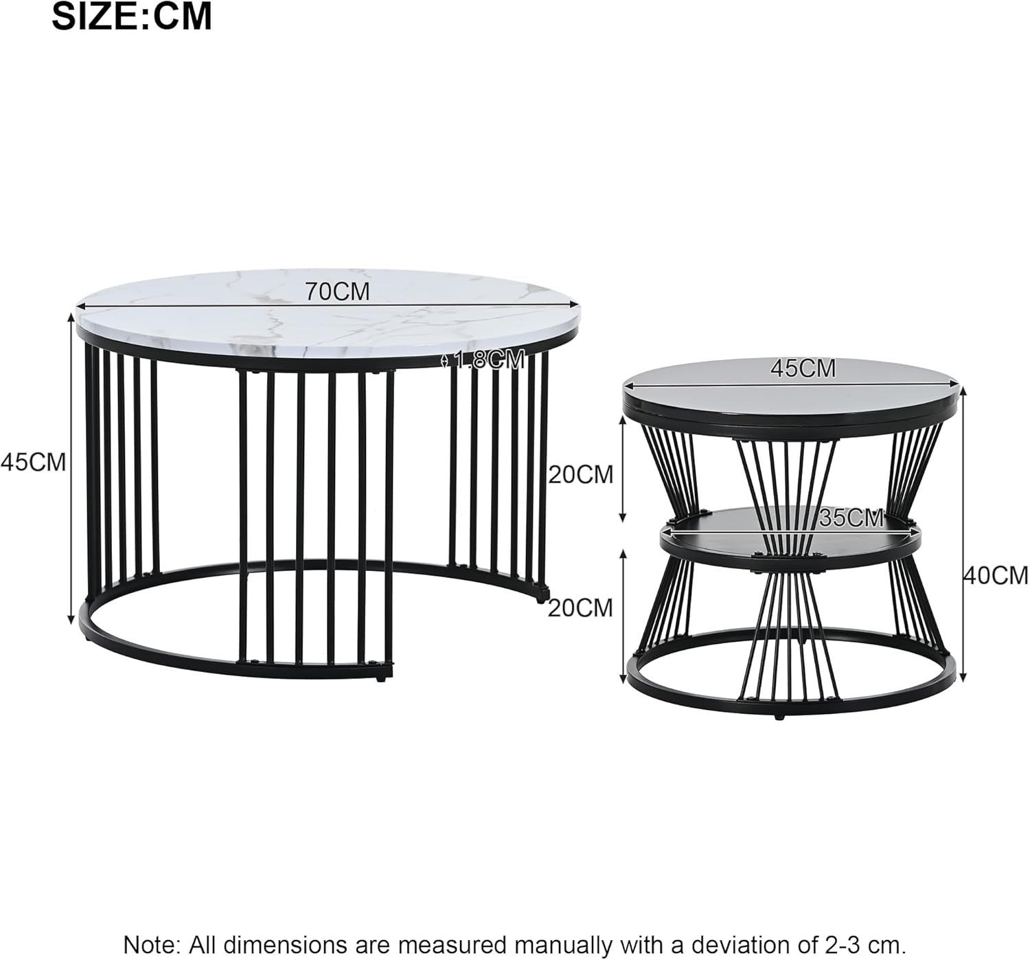Nesting Coffee Tables Set of 2 Round Metal Frame Nightstand Black & White