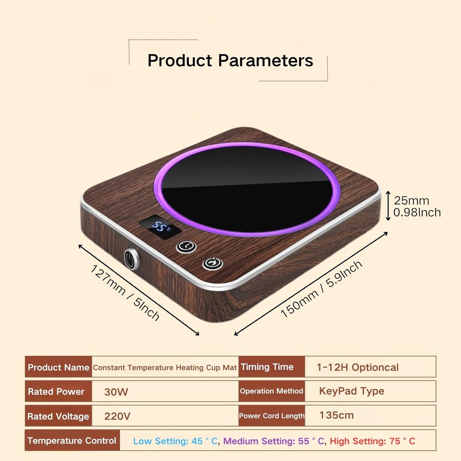 Smart Coffee Mug Warmer 3 Temp Settings LED Desk Cup Heater Pad
