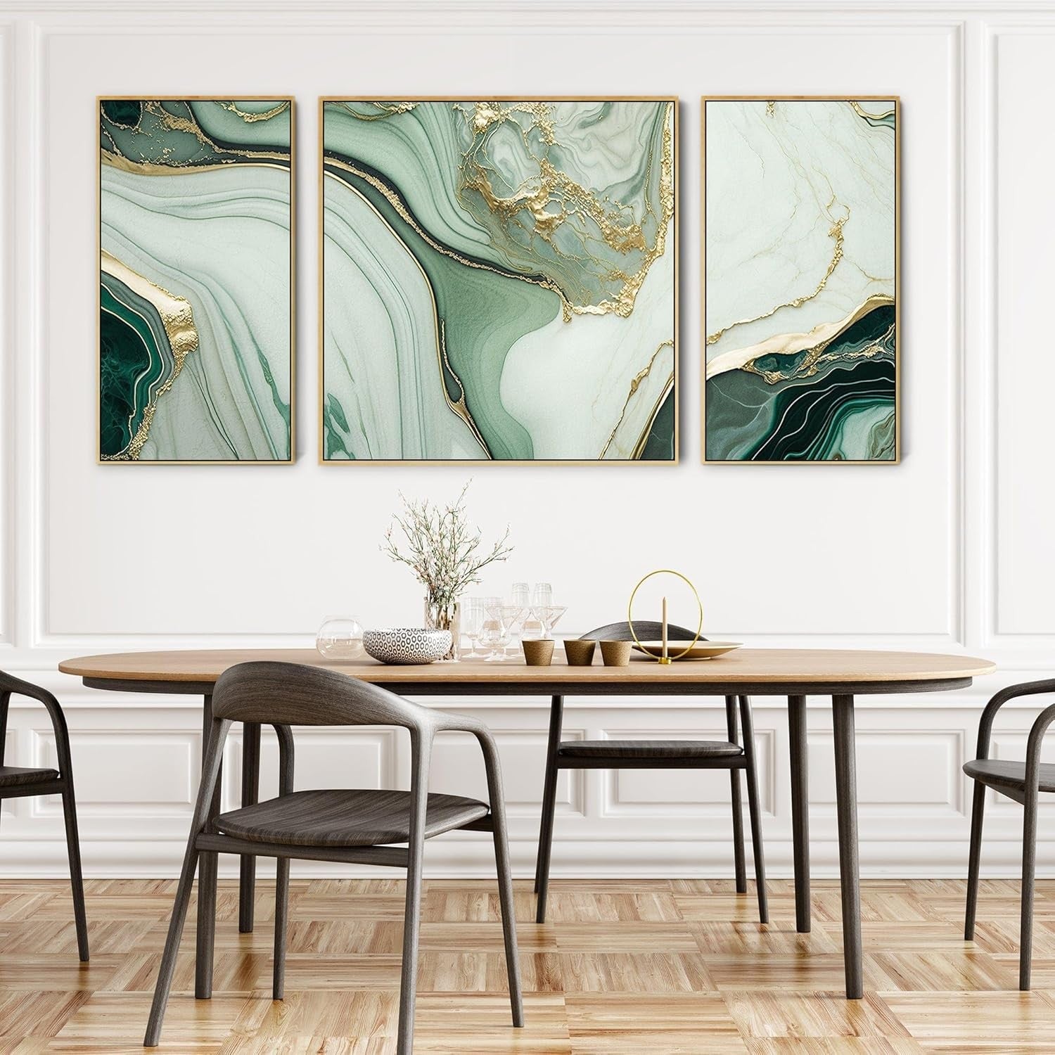 3Pcs Green & Gold Abstract Canvas – Large Framed Wall Art Set