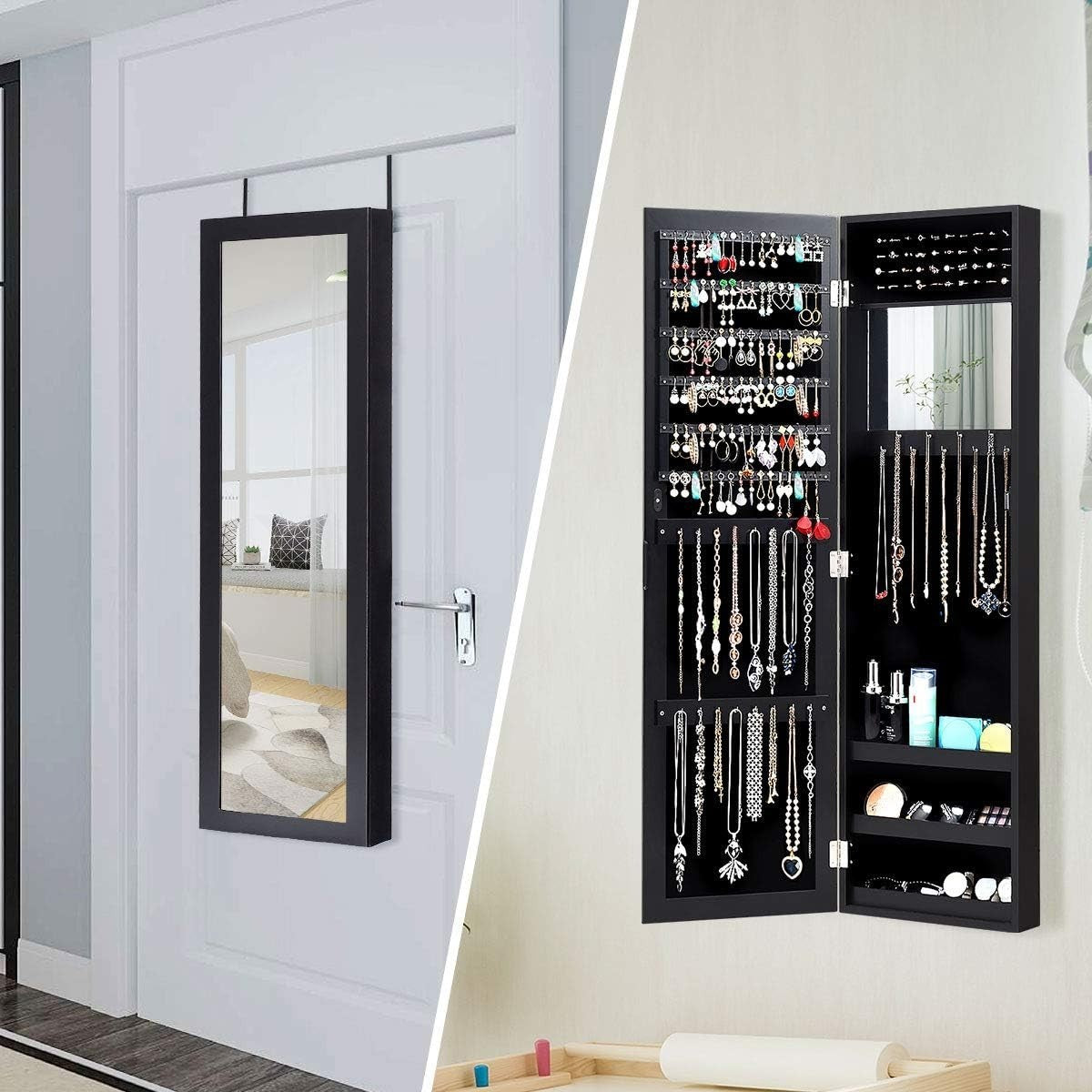 Hanging Jewelry Cabinet Full Length Mirror Wall Mounted Storage Black