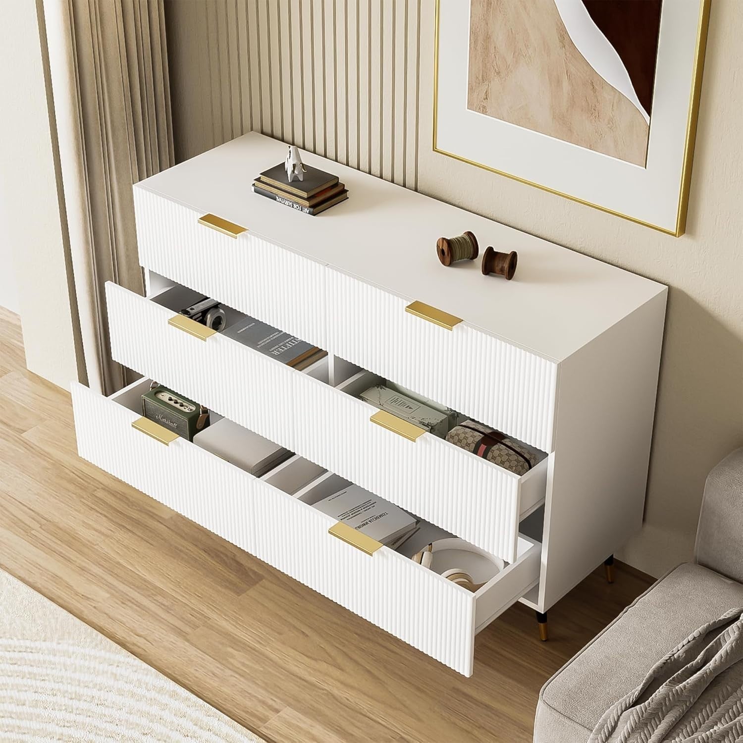 Modern White Sideboard Cabinet 6 Drawers Gold Legs Storage 120x40x77cm