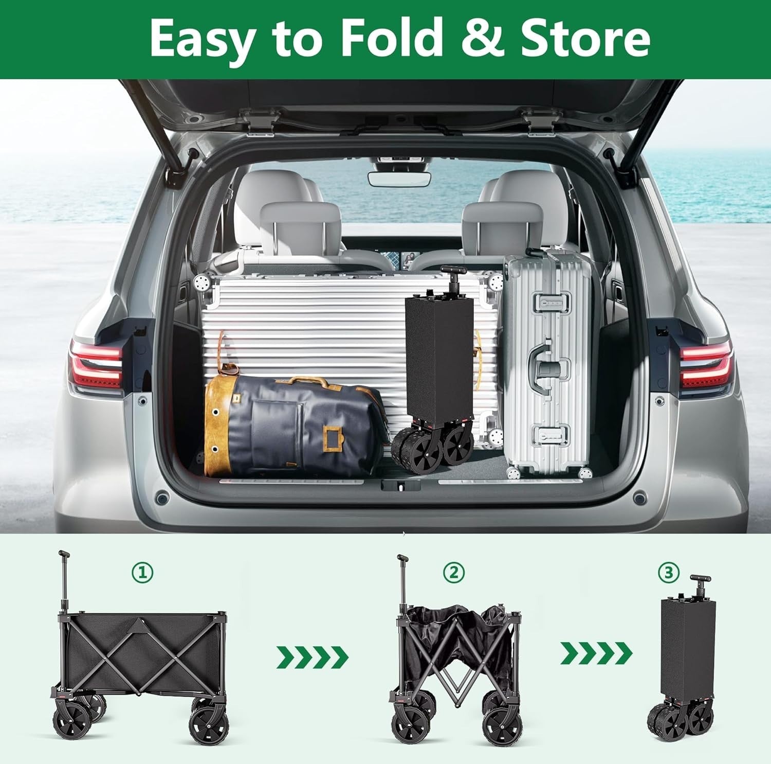Dark Black Folding Wagon Cart Heavy Duty 360° Wheels Adjustable Handle 600D