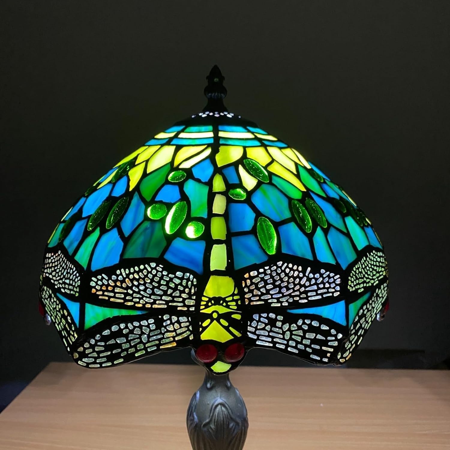 Tiffany Style Table Lamp Green Dragonfly Stained Glass 42cm E27