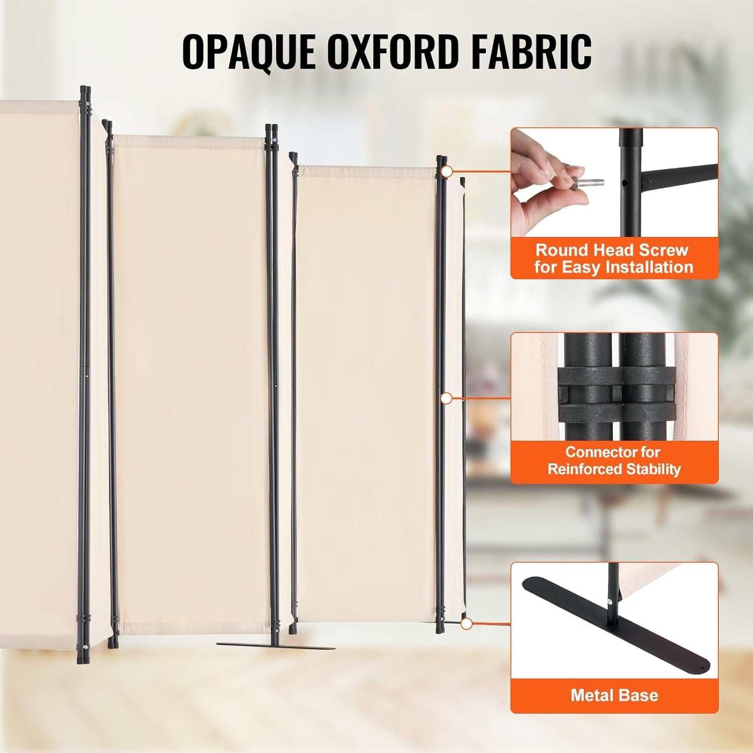 6 Panel Beige Folding Room Divider Privacy Screen Freestanding 317x181cm