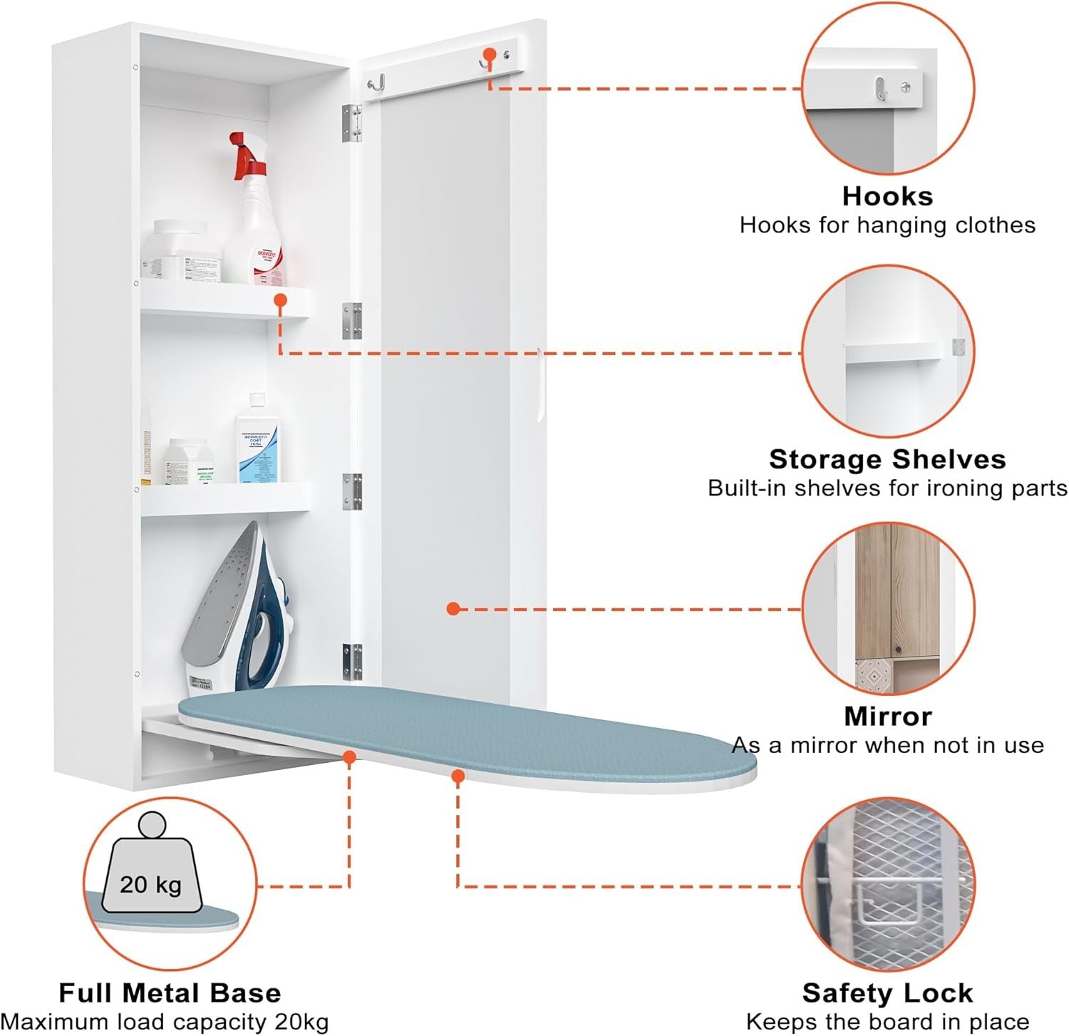Wall Mounted Ironing Board Cabinet with Mirror Foldable Rotating Storage