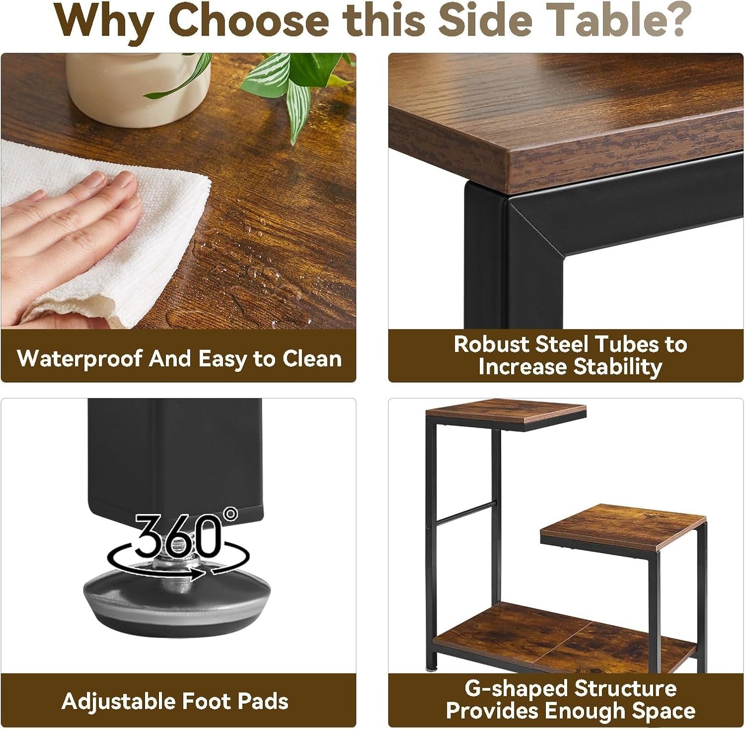 Rustic Brown G-Shaped Side Table 29x60x63.5 cm | Small End Table w/ Storage