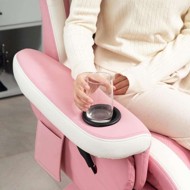 Pink Gaming Recliner Chair 360° Swivel PU Leather Seat w/ Footrest & Cups