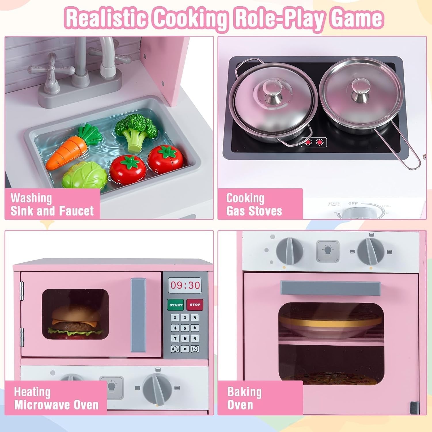 Pink Kids Wooden Play Kitchen Lights Sounds Washer Coffee Toy