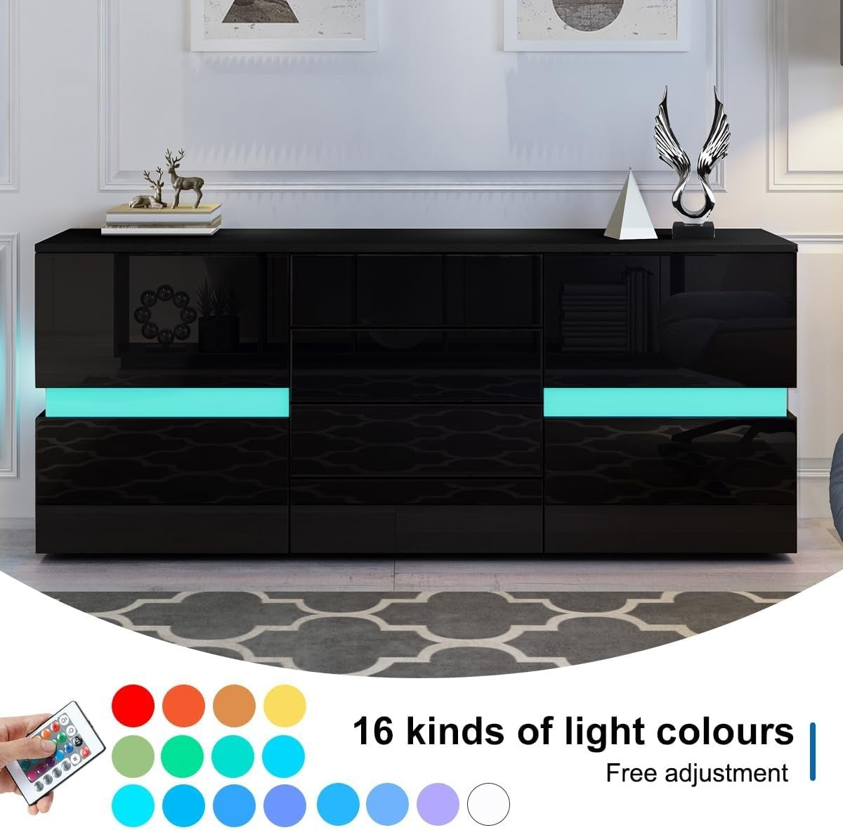 Black LED Sideboard Cabinet High Gloss 2 Door 4 Drawer Storage Unit