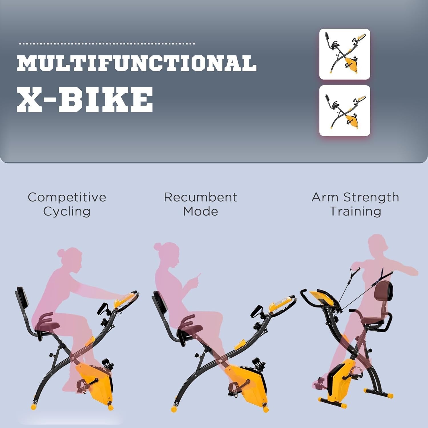 Yellow 3-in-1 Folding Exercise Bike Magnetic Resistance LCD Pulse & Bands