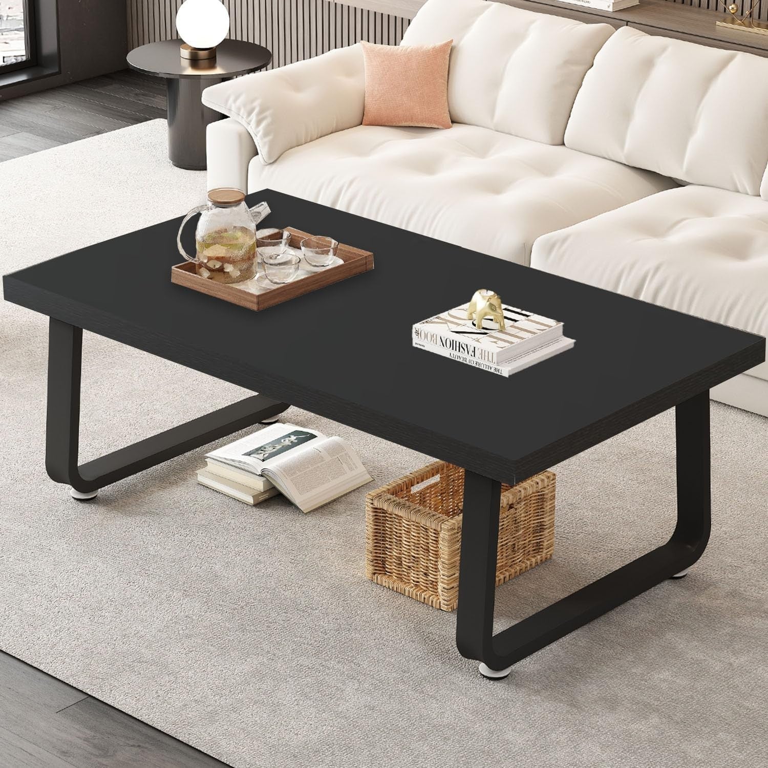 Modern Black Wood & Metal Coffee Table 100x60x46.5cm Industrial Farmhouse