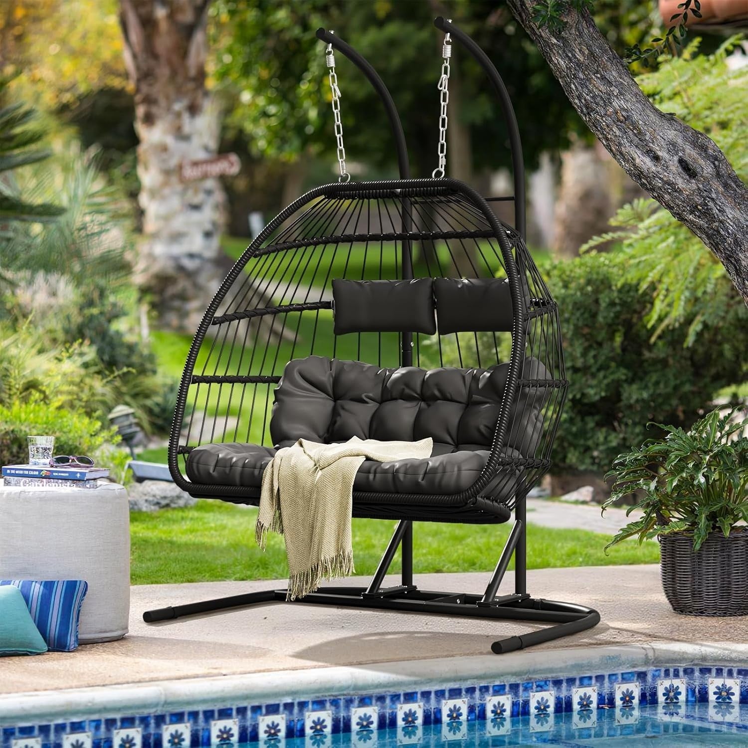 Double Egg Swing Chair with Stand Cushioned Rattan Hanging Seat Garden Patio