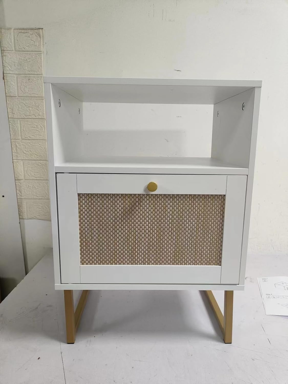 Modern Rattan Bedside Table with Drawer & Shelf – Boho White Wood Nightstand
